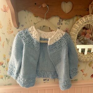Handmade Blue and White Knit Baby Cardigan vintage